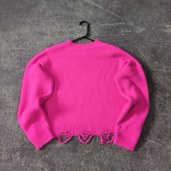 BADU Distressed Sweater One Size Hot Pink Knitted Fringe Hem Casual Holiday Chic - Picture 3 of 8